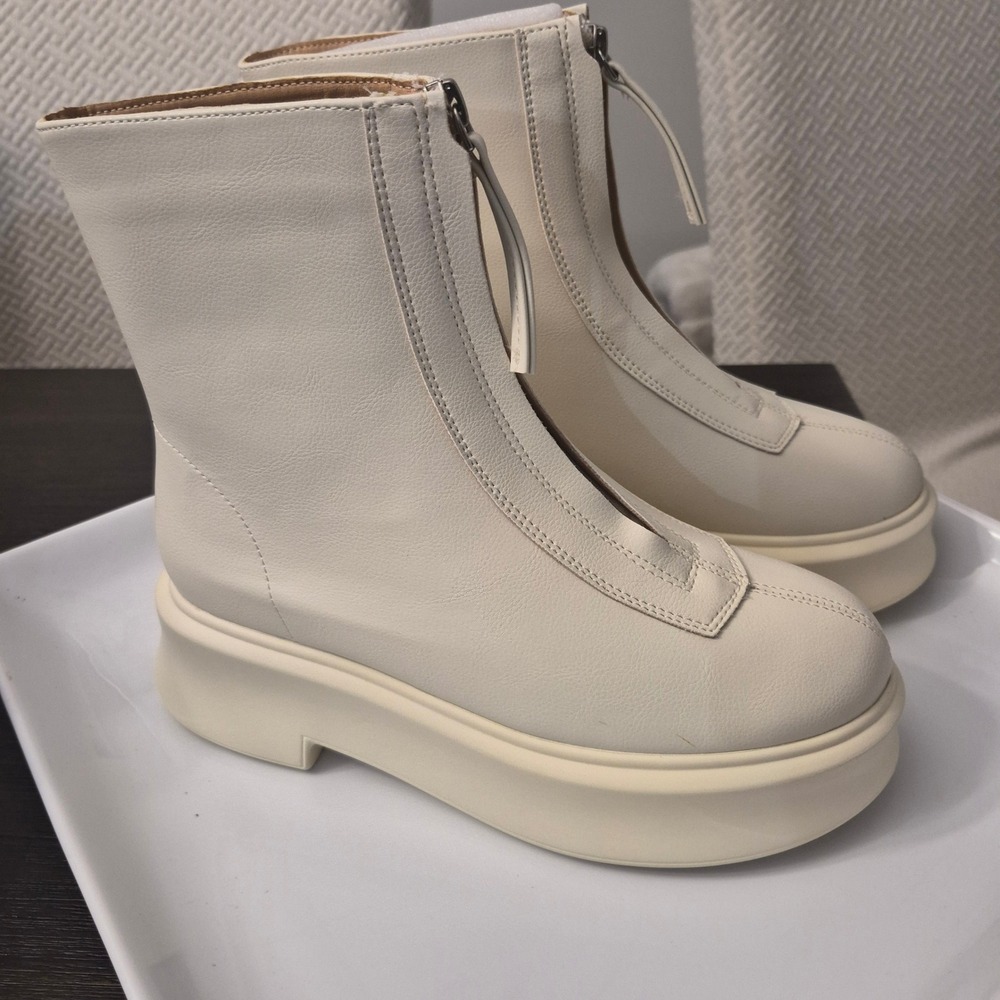 Womens Cream Front Zip Platform Ankle Boots Faux Leather Chunky Sole